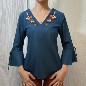 Teal Floral Embroidered Bell Sleeve V Neck Blouse New With Tags